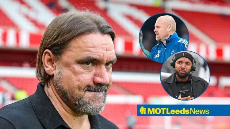 Leeds United boss Daniel Farke looks stern and inset photos of Sean Dyche and Troy Deeney