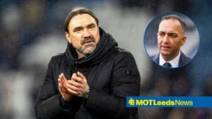 Leeds United manager Daniel Farke applauding supporters with circular inset of Paraag Marathe