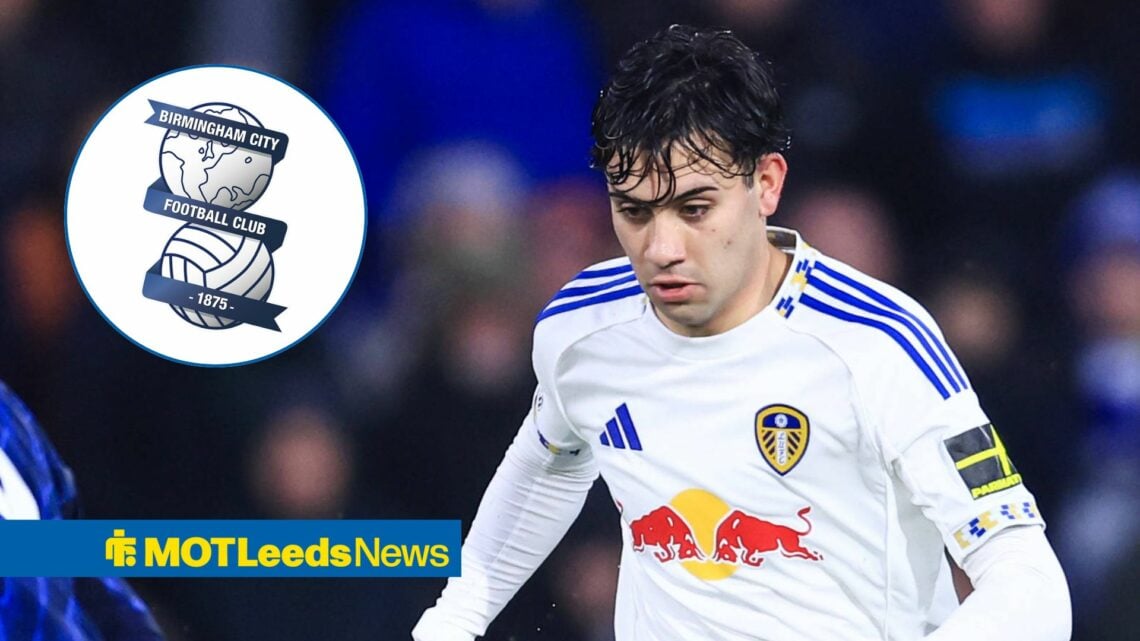 Facundo Buonanotte of Leeds United runs with the ball during the Leeds United vs Arsenal Premier League match at Elland Road, Leeds alongside a cir...