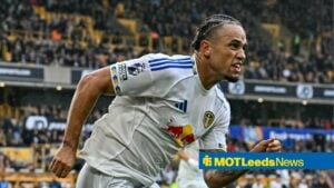 Noah Okafor of Leeds United celebrates in front of the Leeds United fans on 20th September 2025 at Molineux
