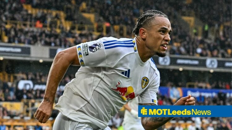 Noah Okafor of Leeds United celebrates in front of the Leeds United fans on 20th September 2025 at Molineux