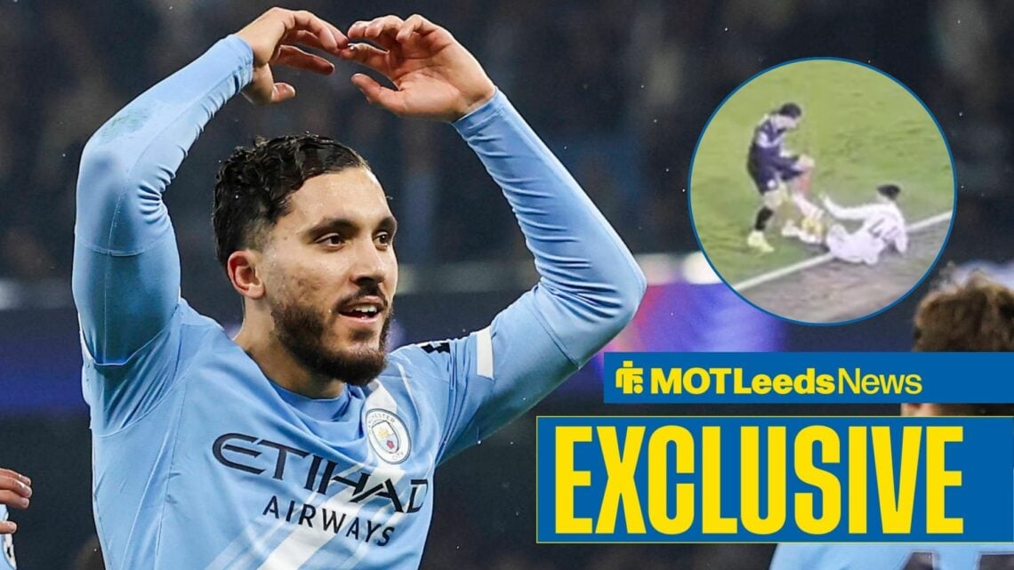 Rayan Cherki playing for Manchester City looking towards a circle inset of Rayan Cherki vs Leeds United