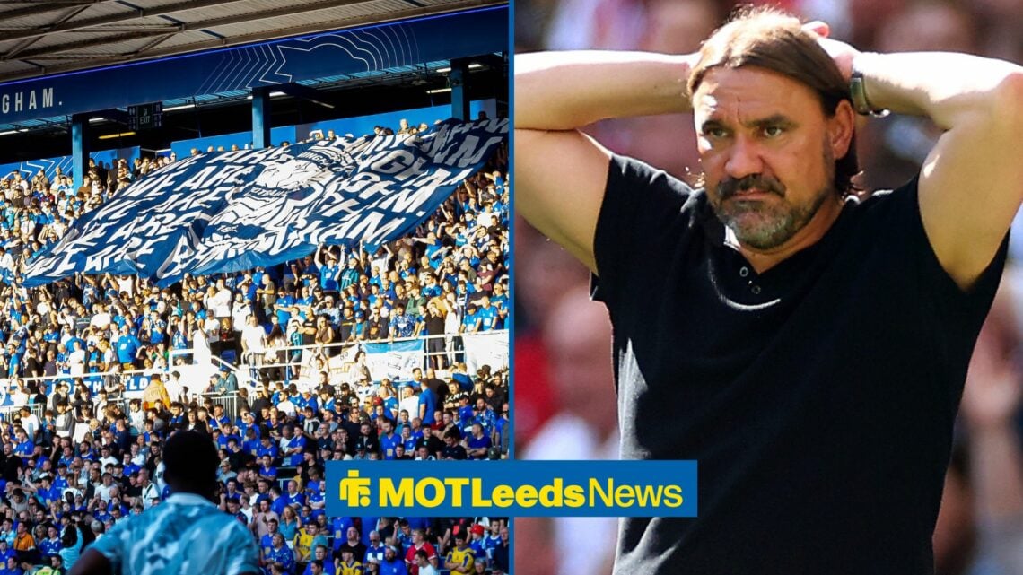 Leeds manager Daniel Farke with hands on his head and Birmingham fans at St Andrew's