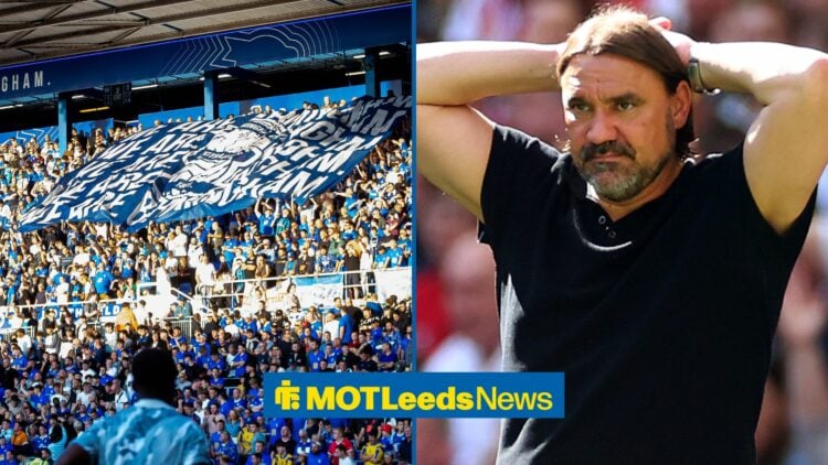 Leeds manager Daniel Farke with hands on his head and Birmingham fans at St Andrew's