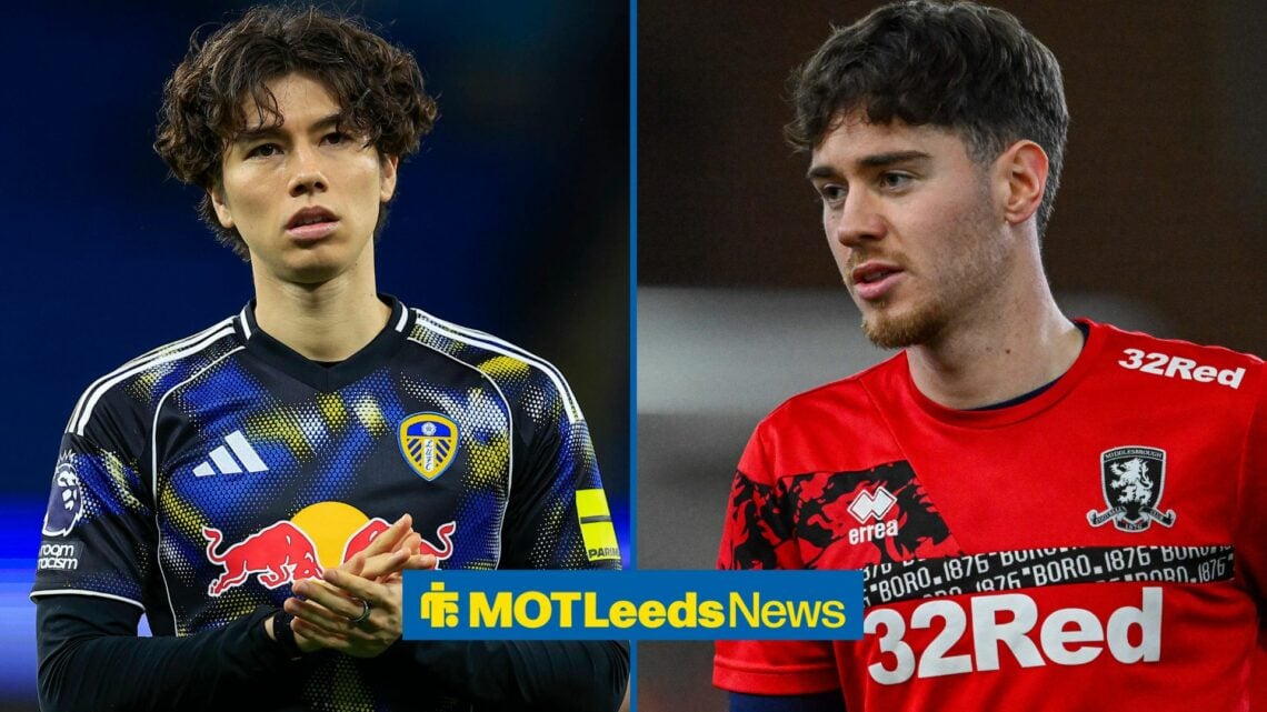 Leeds United's Ao Tanaka clapping supporters and Middlesbrough's Hayden Hackney warming up pre-match