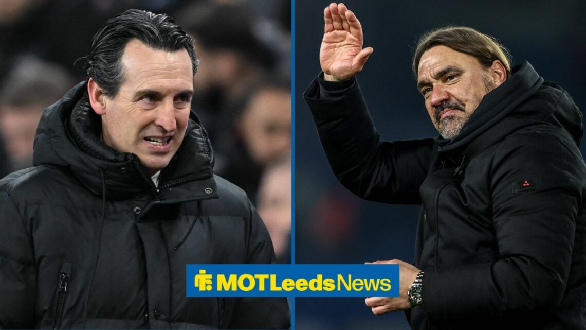 Unai Emery looking concerned with Daniel Farke waving to Leeds supporters