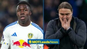 Willy Gnonto playing for Leeds vs Crystal Palace with Daniel Farke holding his head in his hands