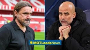 Daniel Farke looking annoyed towards Pep Guardiola