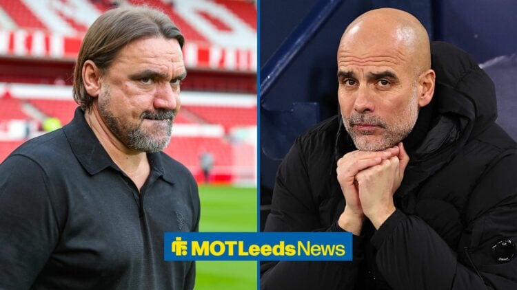 Daniel Farke looking annoyed towards Pep Guardiola