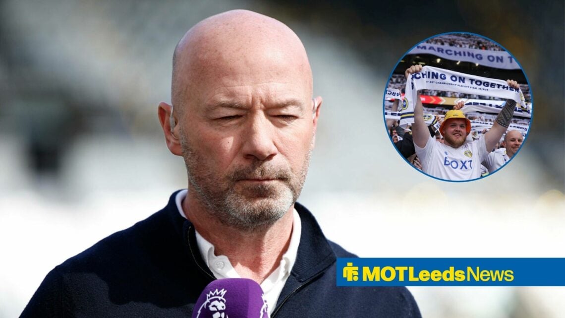 Alan Shearer and a circular inset of Leeds United fans