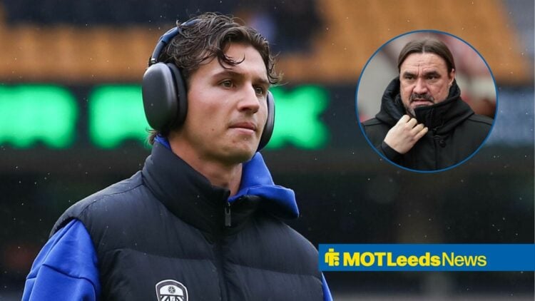 Brenden Aaronson of Leeds United inspects the pitch ahead of Wolves v Leeds, Daniel Farke manager of Leeds United ahead of kickoff during the Premi...