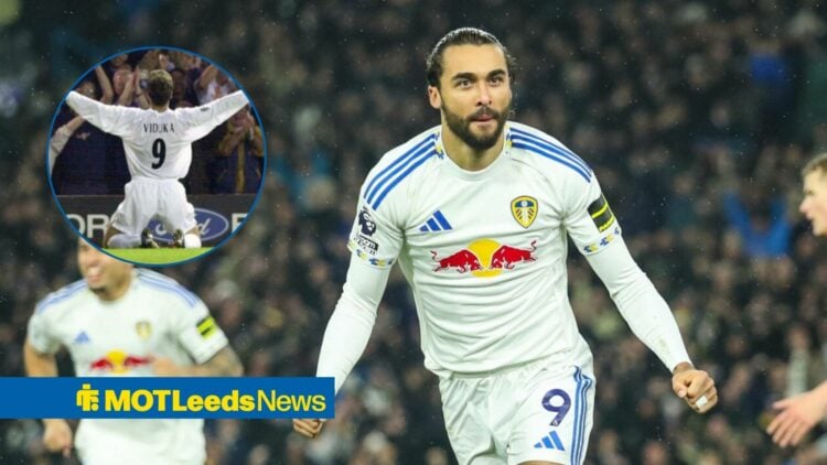 Leeds United star Dominic Calvert-Lewin celebrating, Mark Viduka in inset.