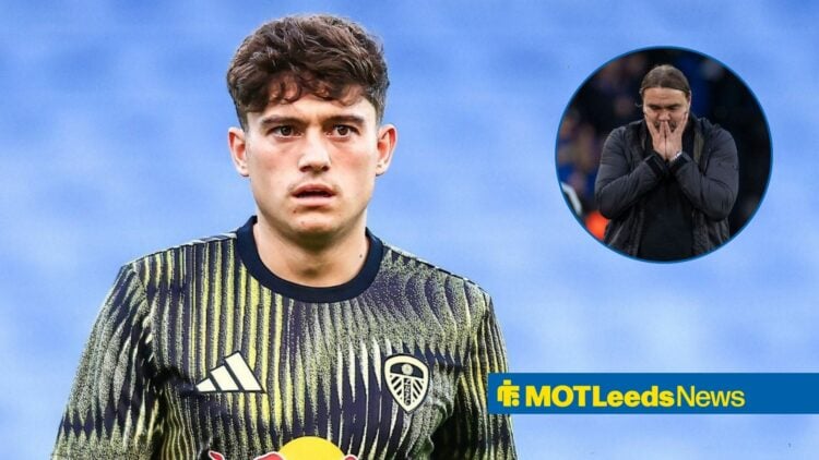 Dan James in Leeds United's third kit from 2025-26 season, looks at Leeds manager Daniel Farke covering his hands during a Premier League match in ...