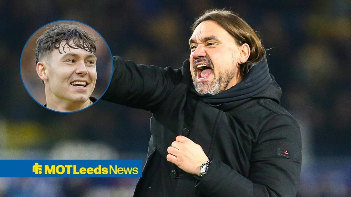 Leeds United manager Daniel Farke and Jorgen Strand Larsen in circular inset