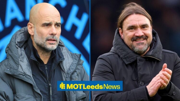 Split image of Manchester City boss Pep Guardiola and Leeds United manager Daniel Farke