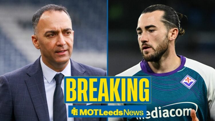 Split image of Leeds United chief Paraag Marathe and Jack Harrison of ACF Fiorentina look on during the warm up before the Serie A Enelive between ...