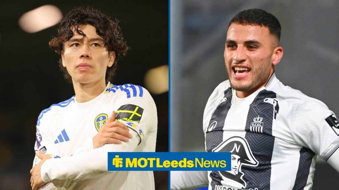 Split image of Leeds United midfielder Ao Tanaka and Charleroi star Yacine Titraoui