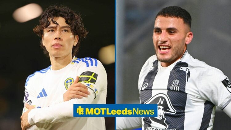 Split image of Leeds United midfielder Ao Tanaka and Charleroi star Yacine Titraoui