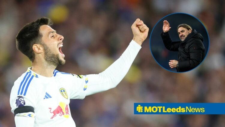 Leeds United star Ilia Gruev celebrating, Daniel Farke waving.