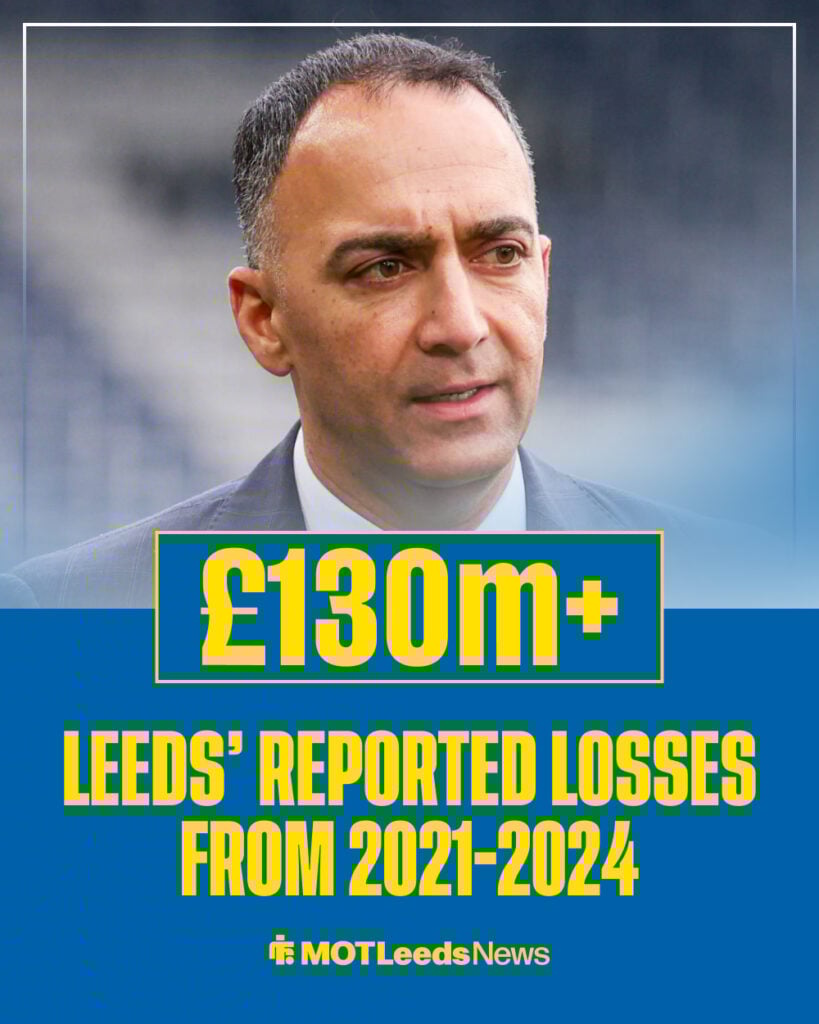 Leeds' reported losses from 2021-22 to 2023-24 seasons. 49ers member Paraag Marathe in front of graphic.