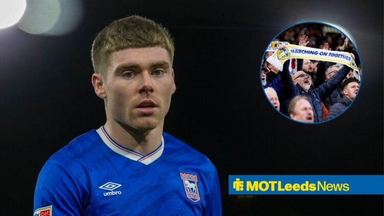 Leif Davis in action for Ipswich Town, with Leeds United fans in a circular frame inset