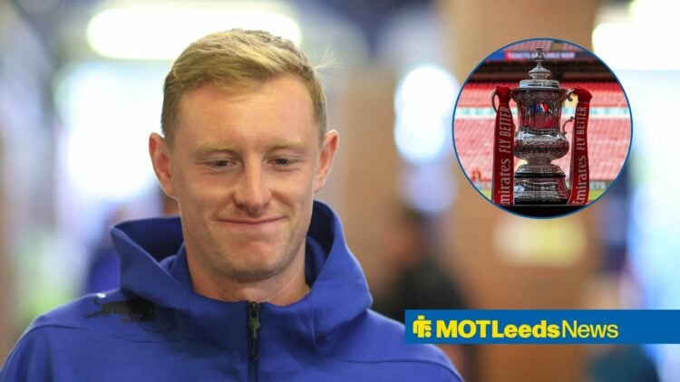 Sean Longstaff of Leeds United stands before the Carabao Cup match between Sheffield Wednesday, FA Cup trophy in inset.