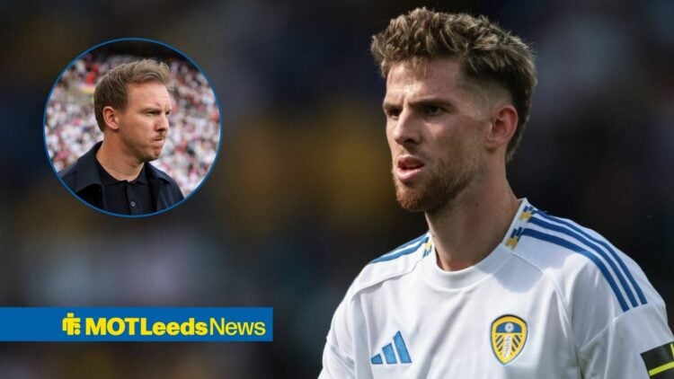 Leeds' Anton Stach looks at a circular inset of Julian Nagelsmann.