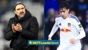 Leeds United manager Daniel Farke clapping in the direction of Facundo Buonanotte playing at Elland Road against Arsenal in Premier League match/ 50:50 inset.