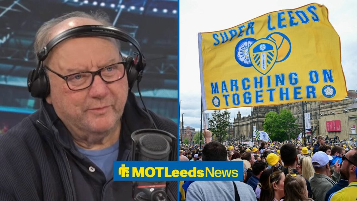 Alan Brazil looking in a 50:50 image with Leeds United fans who are partying in the Leeds city centre.