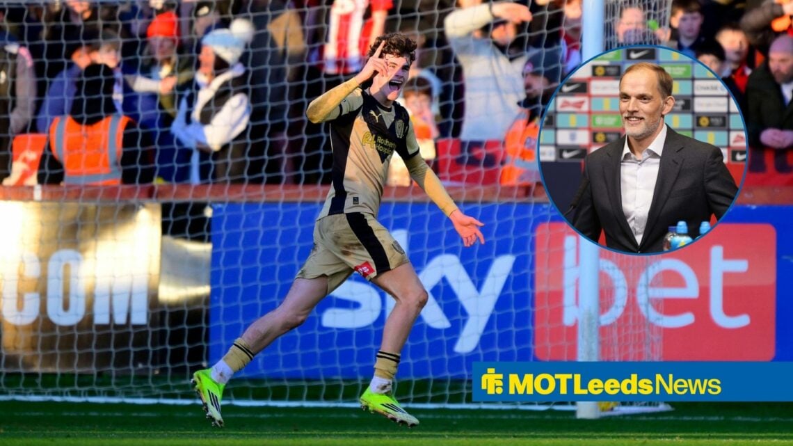 Harry Gray celebrating for Rotherham, with a circular inset of England manager Thomas Tuchel.