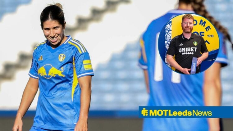 Kathryn Smith looks at a circular inset of Leeds Women's manager Simon Wood.