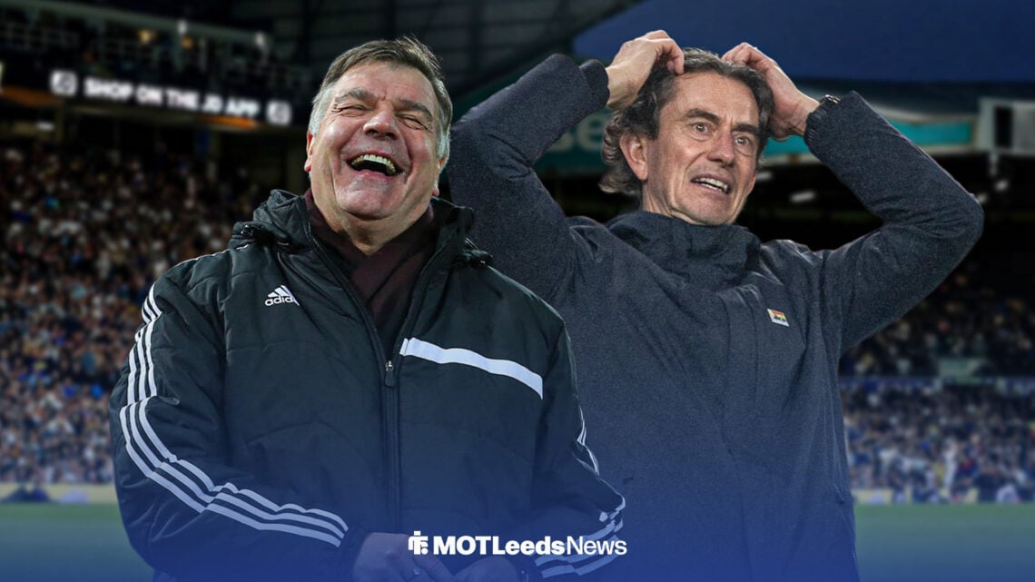 Sam Allardyce smiling alongside Thomas Frank with his hands on his head.