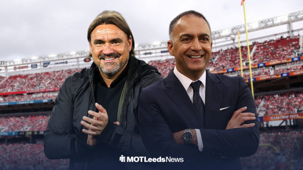 Daniel Farke and Paraag Marathe smiling in front of Levi's Stadium background