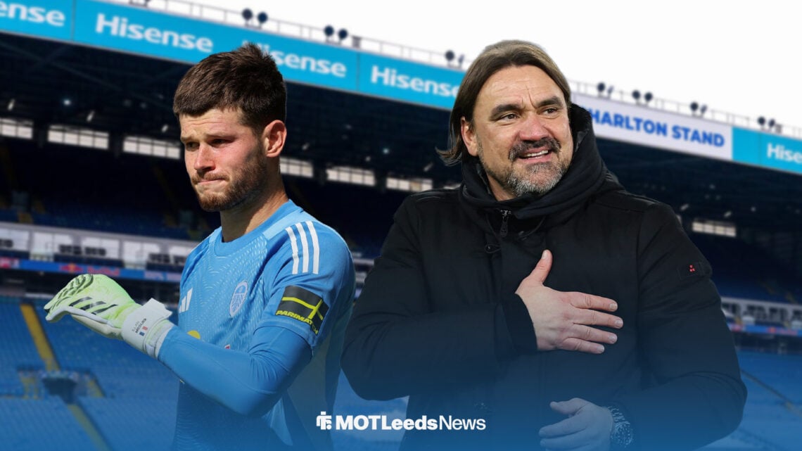 Illan Meslier looking sad with Daniel Farke cheering ahead of Elland Road