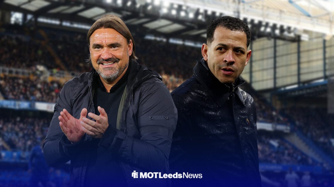 Daniel Farke smiling with Liam Rosenior looking on