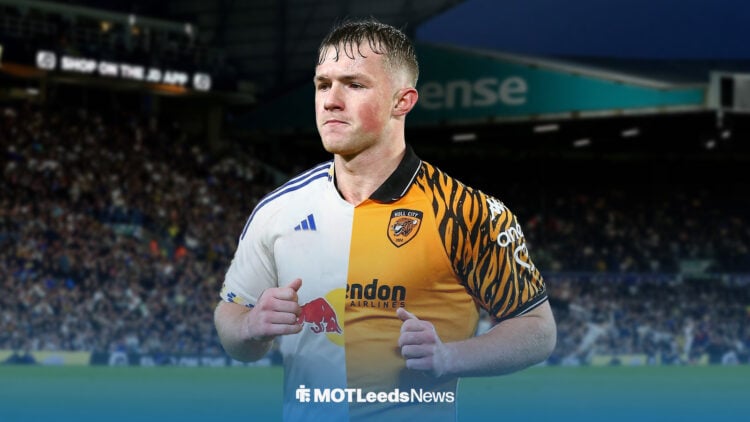 Joe Gelhardt in a half Leeds United shirt, half Hull City shirt