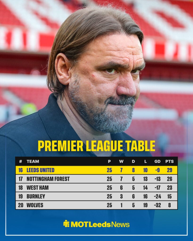 Leeds United in Premier League table with Daniel Farke in background