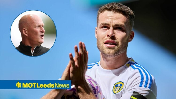 Leeds full-back Gabriel Gudmundsson applauds supporters, alongside a circular inset of former boss Simon Grayson shouting on the touchline (top left)