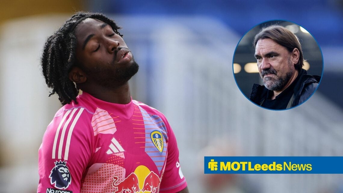 Leeds goalkeeper Darryl Ombang closes his eyes in exasperation during a match, alongside a photo of Daniel Farke on the touchline (top right)