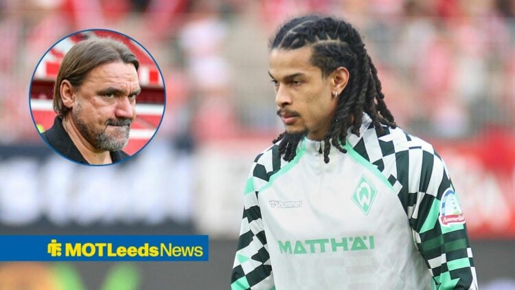 Werder Bremen defender Isaac Schmidt warms up ahead of a match, alongside a circular inset of Leeds boss Daniel Farke (top left)