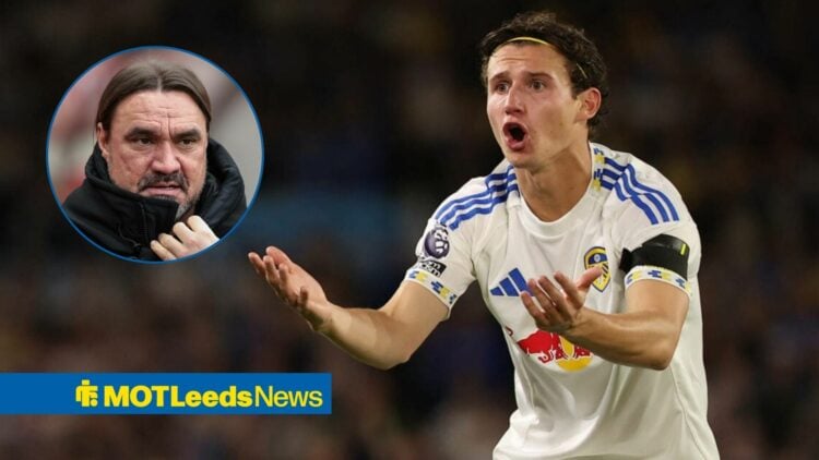 Leeds' Brenden Aaronson throws his arms up in frustration, alongside a circular inset of Daniel Farke on the touchline (top left)