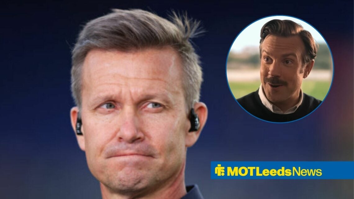 Jesse Marsch looks on, next to a smiling Ted Lasso (inset)