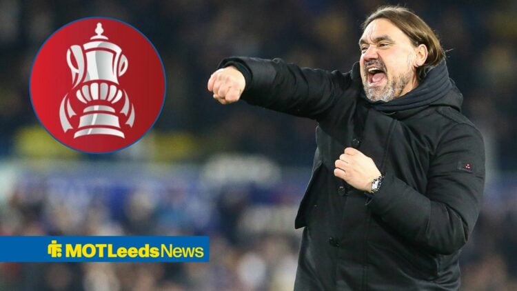Daniel Farke celebrating alongside the FA Cup trophy in a circle inset.