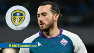 Jack Harrison playing for Fiorentina with circular inset of Leeds badge