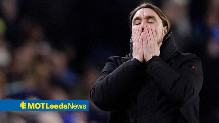 Daniel Farke manager of Leeds United rects to a missed chance during the Leeds United vs Manchester City Premier League match at Elland Road