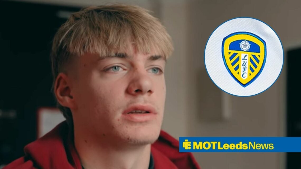 Nathan De Cat looks ahead with circular inset of Leeds badge