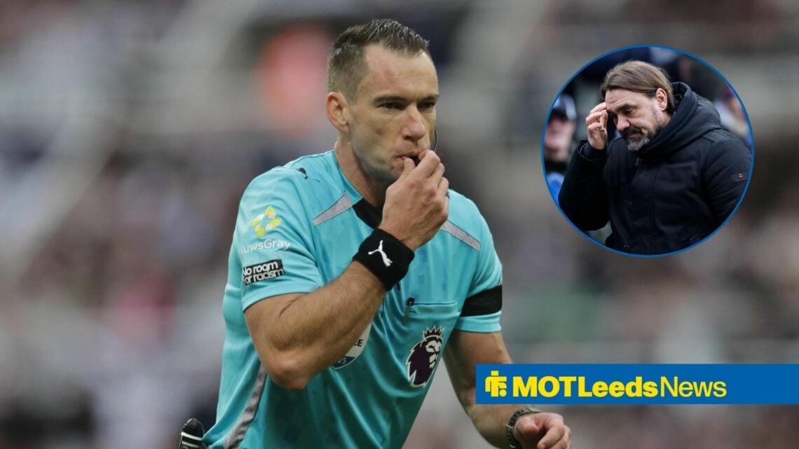 Jarred Gillett refereeing with Daniel Farke in circular inset looking worried