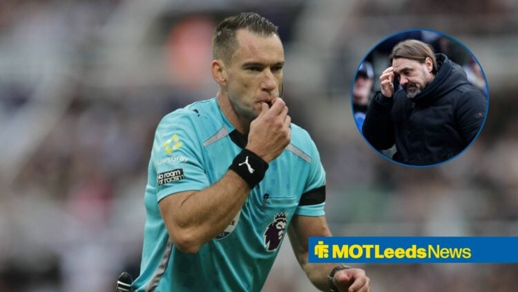 Jarred Gillett refereeing with Daniel Farke in circular inset looking worried