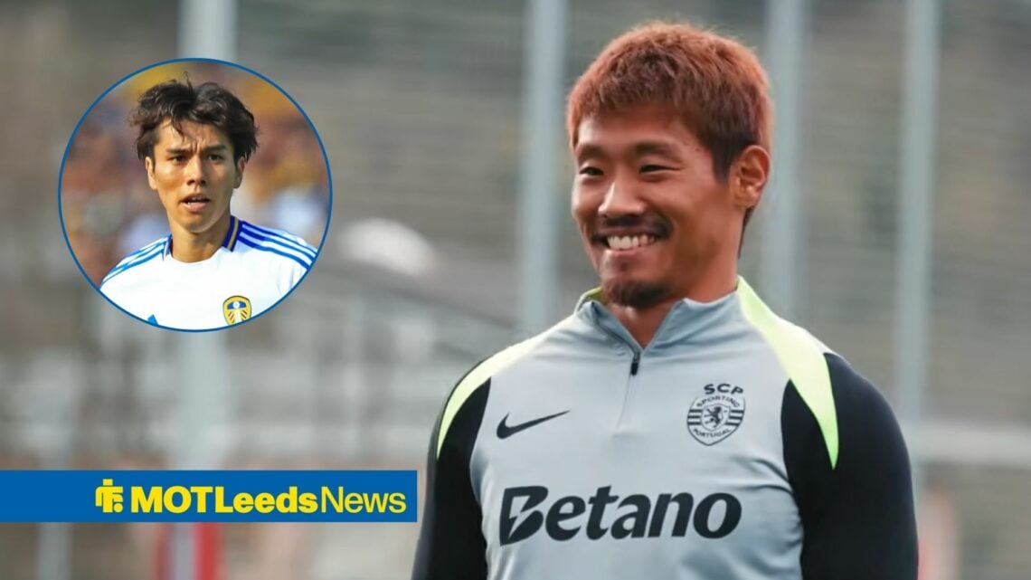 Hidemasa Morita smiling for Sporting with Ao Tanaka in circular inset