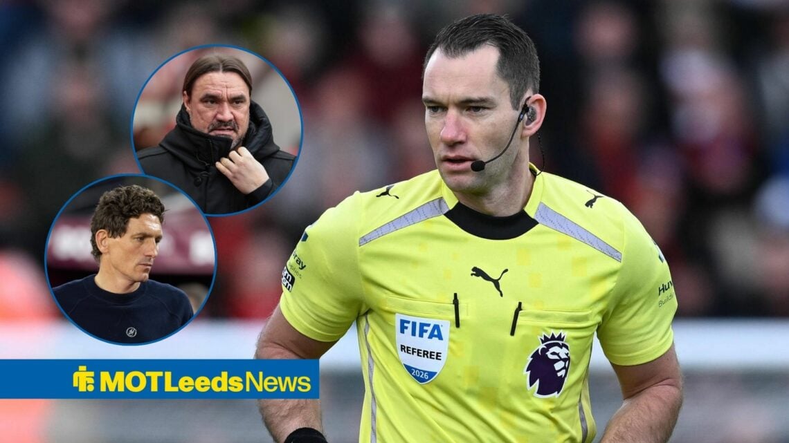 Jarred Gillett refereeing with circular insets of Daniel Farke and Keith Andrews